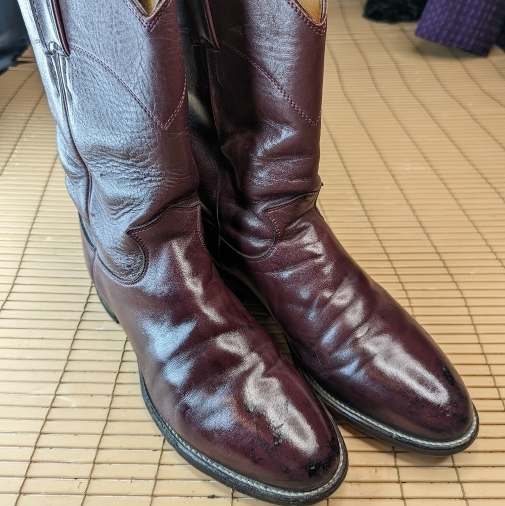 Justin Boots Style 3037 Burgundy Wine Leather Roper Cowboy Boots Made In USA M